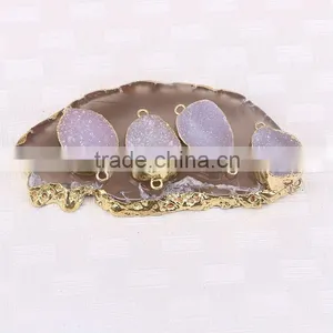 Druzy Agate Connector Beads Gold Plated Edged Natural Color Druzy Geode Agate Connector Gem Stone Quartz Jewelry Charms thumbnail-3