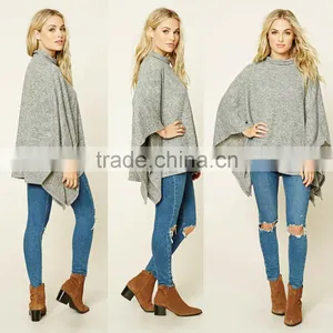 High Quality Custom Comfortable Girls Women Soft Knit Mock High Neck Poncho Pullover Draped Cape Flare Sleeves Blouses Tops thumbnail-1