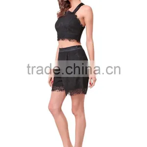 Fashion Design Short Lace Eyelash Hem Ladies Crop Top Set thumbnail-3