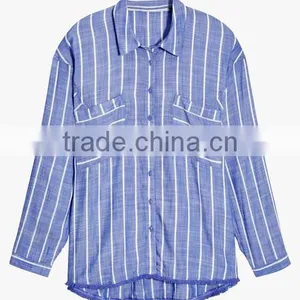 Wholesale 2017 Custom Ladies Fashion Frill Blouse Stripes Relaxed Ruffle Shirts thumbnail-5