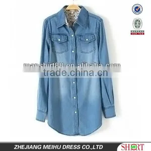 New Lady's Long Sleeve Loose Casual Contrast Color Denim Shirt With Two Pockets thumbnail-1