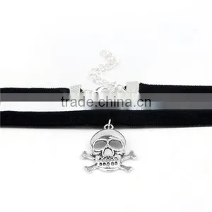 Custom Antique Silver Black Skull Velveteen Halloween Choker Necklace thumbnail-3