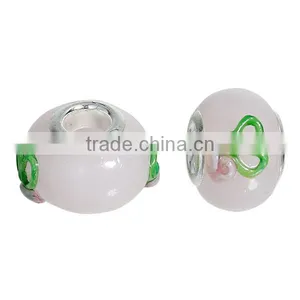 Lampwork Glass European Style Large Hole Charm Beads Round Silver Plated Core Light Pink Flower Pattern Enamel thumbnail-3