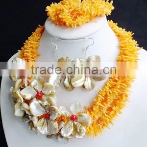 Fancy Styles!!! New Arrival Beauty Yellow Coral and Shell Flower Jewelry Set thumbnail-1