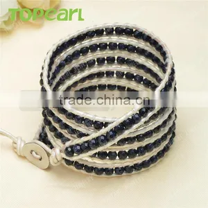Topearl Jewelry Blue Sandstone Fashion Bracelet Woven Leather Wrap Bangle 33.5 Inches CLL138 thumbnail-2