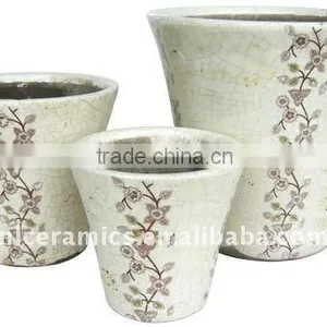 Outdoor Ceramic Craft Planter Tall Round Flowerpot In White Color With Liane Decal thumbnail-1