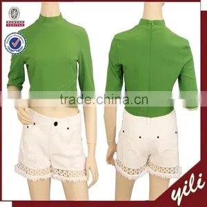 2016 New Design 98% Polyesters2% Spandex Cross Front Short Sleeve Back Zipper Green Lady Summer Crop Top thumbnail-1