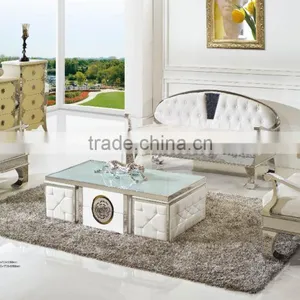 C369 Modern Stainless Steel Wooden Trunk Storage Glass Coffee Table thumbnail-4