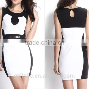 New Summer Sleeveless O-neck Black White Patchwork Cut Out Brief Short Bodycon Casual Dress Women Club Dresses thumbnail-1