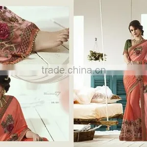 Heavy Embroidery Designer Saree Bemberg Silk Pallu+Net Skirt With Brocket Blouse thumbnail-1
