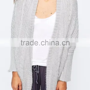 Women Plus-Size Loose Open Front Stitch & Pieces Cocoon Bat Sleeve Plain Stitch Knitwear Cardigan Gray Sweater thumbnail-4