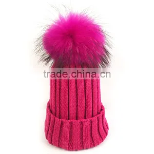 Myfur Hot Pink Fluffy Raccoon Fur Ball Knitted Beanie Hat for Fashion Lady thumbnail-1