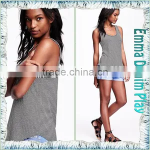 Tops Suppliers China High Quality Womens Deep Round Neck Stripe Long Tank T Shirts thumbnail-4
