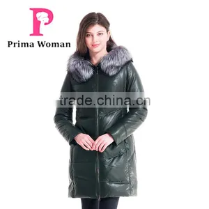 Winter Women Medium Length Slim Fit Leather Coat With Silver Fox Hat Overcoat thumbnail-1