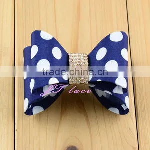Navy /White Dot Satin Hair Bow- Hair Bow With Rhinestone Button Centre- Single Hair Bow thumbnail-1