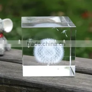 Desktop 3D k9 Crystal Glass Cube With Dandelion Figurines Inside For Souvenir Gifts thumbnail-5