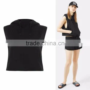 Cropped Top Hoodie Women Sleeveless Plain Dyed Black Cropped Hoodies Wholesale Custom Made thumbnail-5