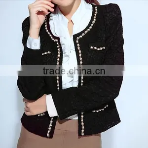 2015 Ladies Quality Beaded Coat Long Sleeve Oem Wholesale Factory Black Jackets thumbnail-1