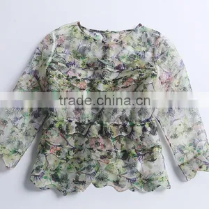 2015 HOYUGO Summer Organza Printed Sexy Blouses thumbnail-3