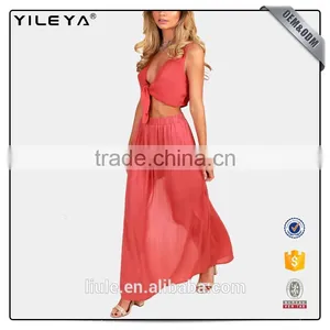Red Transparent Soft Fabric Used Women Long Maxi Skirt With Side Slit thumbnail-1