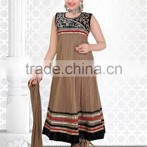 Brown Color With Black Velvet on Stone Work at Neck Anarkali Salwar Kameez Sizzling Girls Ready Made thumbnail-1