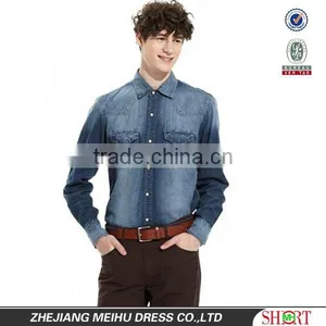 100% Cotton Dark Blue Washed Cowboy Long Sleeve Casual Shirts for Men With Two Pockets thumbnail-1