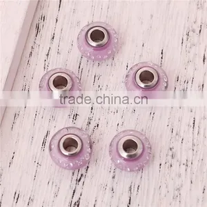 Lampwork Glass & Cubic Zirconia European Style Large Hole Charm Beads Round Light Pink Clear W/ Stainless Steel Core thumbnail-3