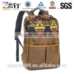 Khaki Brown Aztec Canvas and Leather Trim Computer Shoulder Backpack Bags thumbnail-1