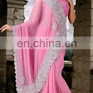 Designer Georgette Pink Stone Saree 2016 thumbnail-1