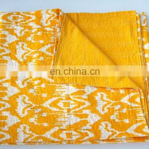 Yellow Ikat Queen Kantha Quilt Ikat,Indian Sari Queen Bedding Blanket thumbnail-3