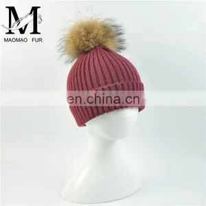 Kids Funny Hat With Big Genuine Raccoon Fur Ball Winter Knit Hat Baby Crochet thumbnail-2