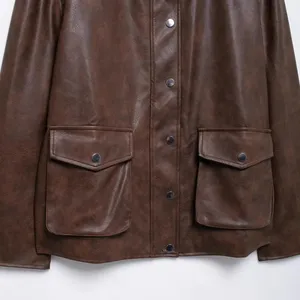 New Women's Vintage Loose Casual Long-sleeved Pocketed Faux Leather Blazer With Collar. thumbnail-3