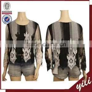2016 Classical Net Design Long Sleeve Ladies Fashion Floral Pattern Embroidered Cotton Blouse thumbnail-1