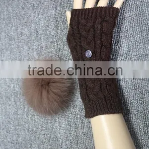 Ladies Knitted Hand Gloves Custom Style Fox Fur Pompom Women Wool Knit Winter Gloves thumbnail-5