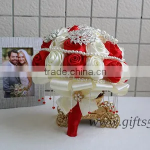 2016 New Design Wedding Bouquet, Silver and Ivory Brooch Bouquet, Red and White Satin Rose Wedding Bouquet thumbnail-3