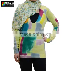 Lady Knitted Cashmere Pullover, Ladies Colorful Print V Neck Pullover thumbnail-1