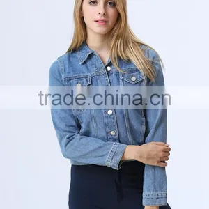 New Fashion Clothing Manufacturer Long Sleeve Blue Denim Jacket For Lady thumbnail-3