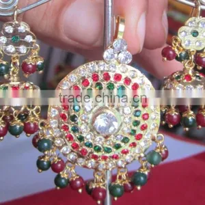 Gold Plated Jadau Pendant Dangler EARRINGS Set thumbnail-3
