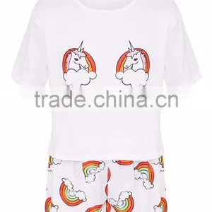 CFull Print Funny Design Women Pyjama Set Unicorn Rainbow White PJ Set Custom Design Ladies Pajama Set thumbnail-3
