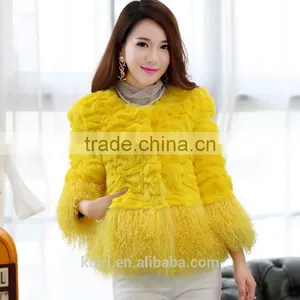 Women's Real Rabbit Fur Coat With Mongolia Lamb Fur Big Skirt Hem Bright Color Natural Fur Coats Female thumbnail-3
