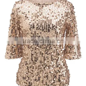 European Style 2017 Spring Women's Fashion Women's Sequin Blingbling T-shirt Brand thumbnail-2