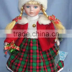 Christmas Animated Ceramic Porcelain Doll Blonde Hair Red Velvet Dress 12" thumbnail-1