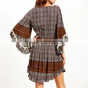 Wholesale Ladies Flare Sleeve Sexy Bohemian Dress Vintage Printed Mini Dresses For Women thumbnail-3