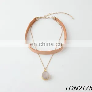 Natural Druzy Stone Pendant Necklace Jewelry Brown Suede Leather Choker Necklace Sets thumbnail-2