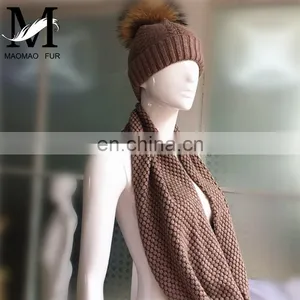 Wool Flat Knitting Beanie Pompom Hat Fashionable Lady Scarves One Piece Hat and Scarf thumbnail-1