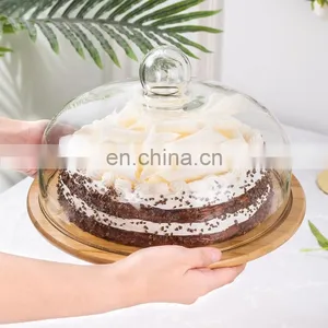 Food Grade Transparent Dustproof Cake Glass Cover Food Cover Cake Pan Glass Cover With Bamboo Tray thumbnail-1