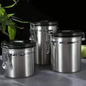 Coffee Powder Storage Tank 304 Stainless Steel Sealed Tank With Exhaust Valve Coffee Bean Seal Tank With Date Lid and Spoon thumbnail-1