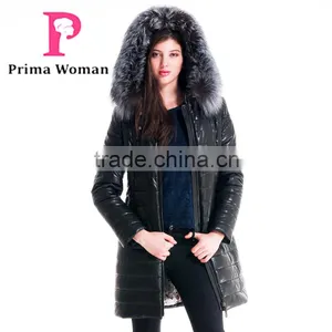 Winter Women Leather Medium Length Slim Fit Embroidered Coat With Brown Fox Hat Clothes thumbnail-1