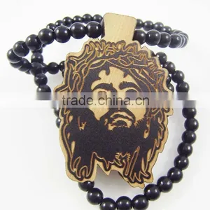 Good Quality Hip-hop Face Pendant Wood Ball Bead Chain Necklaces thumbnail-1