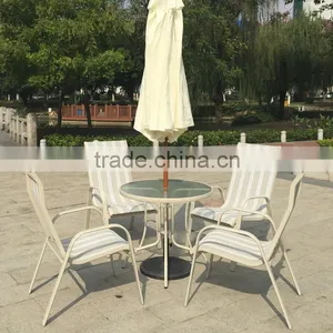 All Weather Proof Coffee Brown 5 Piece Outdoor Garden Balcony Aluminum Sling Patio Furniture Round Glass Dining Table Chair Set thumbnail-4